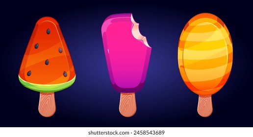 Design; Eis; pink; gelb; Vektorgrafik; rot; Wassermelone; oval; Illustration; Icon; grafisch; leicht; dreieckig; dreieckig; Stab; Glasur; gebissen; ganz; 