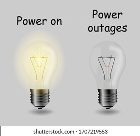 icono, banner, activar y desactivar la electricidad. En el que se representan dos lámparas, una en llamas en segundo lugar, con dos inscripciones: "encendido" y "apagones" (apagón)
