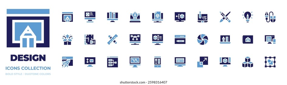 Design icon collection. Bold style. Duotone colors. cubes, loading, house plan, graphic, scale, design, graphic, 3d, design, pen.