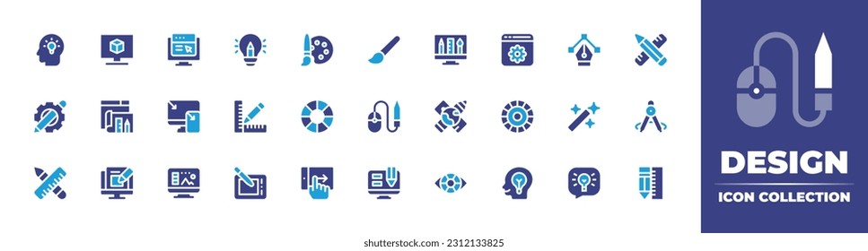 Design icon collection. Duotone color. Vector illustration. Containing idea, design, improvement, paint palette, paint brush, visual, software, vector, creative process, responsive, pencil, color.