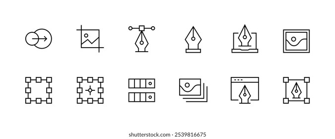 Designsymbolsammlung. Symbolsatz für Grafikdesign. Farbpalette, Design-Tools, Rahmen, Bild, Stift-Tool und mehr. Bearbeitbarer Strich. Pixel perfekt. Gitterbasis 32px.