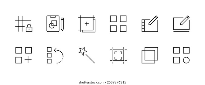 Design icon collection. Graphic design icon set. Fine art, design tools, editing, work area and more. Editable stroke. Pixel Perfect. Grid base 32px.