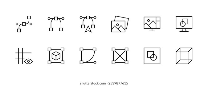 Icono de diseño colección. Conjunto de iconos de Diseño gráfico. Imagen, herramientas de diseño, área de trabajo y más. Trazo editable. Pixel perfecto. Base de rejilla 32px.