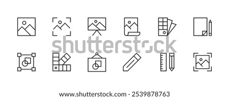 Design icon collection. Graphic design icon set. Fine art, design tools, color palette, measure, image, drawing and more. Editable stroke. Pixel Perfect. Grid base 32px.