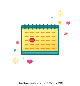 Design icon with cute calendar. Note with heart symbol for banner or promotion.  Symbol with anniversary or valentine's day date. Vector.