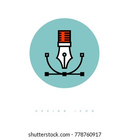 Design and Icon. Feather tool and lines in a blue circle. Creating lines. Drafting the project, architecture and construction.
