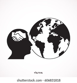 design icon with human head handshake and globe planet. 