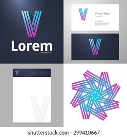 Design icon letter V element with Business card and paper template. Layered, editable.