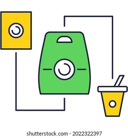 Icono de diseño. Creación de empaque y marca de icono gráfico vectorial pictograma. Desarrollo de productos y proceso de fabricación de productos