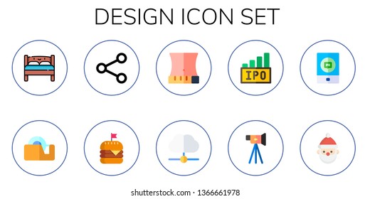 design icon set. 10 flat design icons.  Collection Of - double bed, tape, share, burger, waist, cloud computing, ipo, video camera, event, santa claus