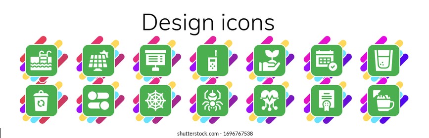 conjunto de iconos de diseño. 14 iconos de diseño rellenos.  Iconos modernos sencillos, como: Piscina, Contenedor, Panel solar, Configuración, Proyecto, tela araña, Walkie talkie, Spider, Sprout, Heart
