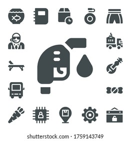 design icon set. 17 filled design icons. Included Fish bowl, Bodyguard, Stretcher, Gas fuel, Bus, Delivery truck, Veena, Candy shop, Carrot, Notebook, Chip, Wait time, Placeholder icons