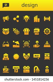 design icon set. 26 filled design icons.  Collection Of - Megaphone, Chat, Share, Idea, Building, Bars, Panda, Pineapple, Shirt, Cardiogram, Settings, Virtual glasses, Beach umbrella