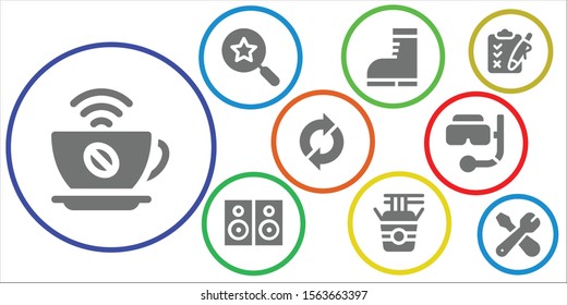 design icon set. 9 filled design icons.  Simple modern icons about  - Coffee, Search, Boots, Speakers, Noodles, Sync, Snorkel, Clipboard, Repair