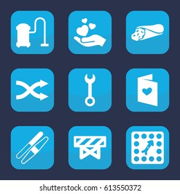 Design icon. set of 9 filled design icons such as barrier, sawing, vacuum cleaner, wrench, wrap sandwich, hand holding heart, love letter, shuffle