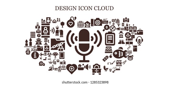  design icon set. 93 filled design icons. Simple modern icons about  - Microphone, Amplifier, Speaker, Bomb, Family, Camera, Volume, Mirror, Shower, Health, Honey, Server, Gift
