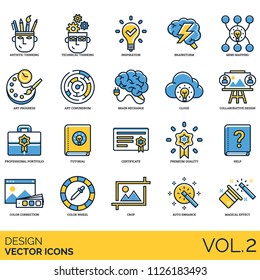 Design icon set. Artistic, technical thinking, inspiration, brainstorm, mind mapping, art progress, conundrum, cloud, collaborative, professional portfolio, tutorial, certificate, color wheel, crop.