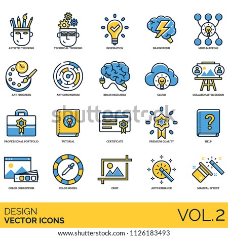 Design icon set. Artistic, technical thinking, inspiration, brainstorm, mind mapping, art progress, conundrum, cloud, collaborative, professional portfolio, tutorial, certificate, color wheel, crop.