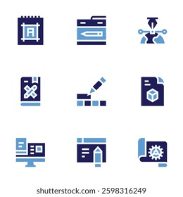 Design icon set. Bold style. Duotone colors. build, document, design, responsive design, web design, brand, graphic tablet.