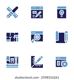 Design icon set. Bold style. Duotone colors. plan, workspace, web design, design book, graphic design.
