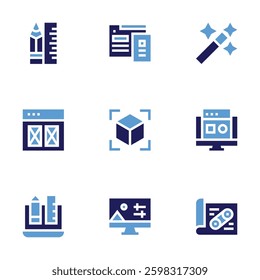 Design icon set. Bold style. Duotone colors. magic wand, photo editing, design, 3d, web, graphic.