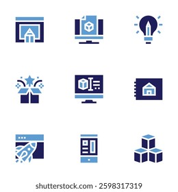 Design icon set. Bold style. Duotone colors. cubes, house plan, 3d, thinking, web, design, app design.