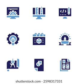 Design icon set. Bold style. Duotone colors. design, creative design, web, graphic, code, compass, calendar.