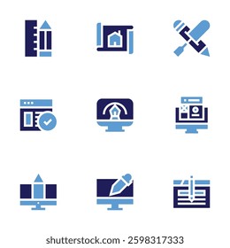 Design icon set. Bold style. Duotone colors. pencil, planning, web design, tools, software, graphic, web.