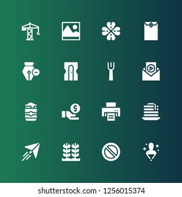 design icon set. Collection of 16 filled design icons included Hologram, Forbidden, Rice, Paper plane, Pancake, Printer, Money, Beer can, Video, Fork, Sharpener, Pen, Envelope