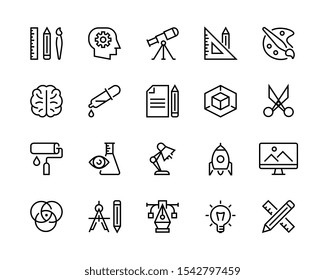 Design icon set. Collection of creativity icons such as science, thinking, searching for ideas, design creation, graphic design.  Editable vector stroke. 96x96 Pixel Perfect.