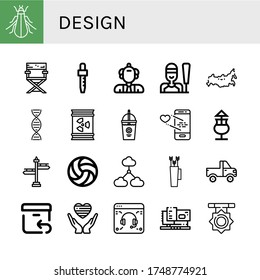 design icon set. Collection of Tree cricket, Director chair, Dropper, Scientist, Sailing, Russia, Dna, Barrel, Smoothie, Love, Mai thai, Signpost, Volleyball, Cloud computing icons