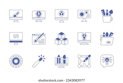 Design icon set. Duotone style line stroke and bold. Vector illustration. Containing web, design, design, graphic, pencil case, ui design, model, tool, art, color circle.