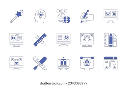 Design icon set. Duotone style line stroke and bold. Vector illustration. Containing magic tool, idea, design, drawing, web, design tools, tool, graphic, computer, strategic plan.