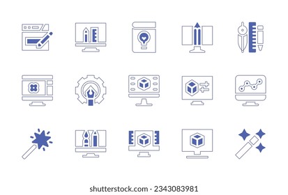 Design icon set. Duotone style line stroke and bold. Vector illustration. Containing website, graphic, book, design, edit tools, graphic, computer, analytics, magic wand, product.