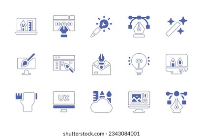 Design icon set. Duotone style line stroke and bold. Vector illustration. Containing graphic design, art, pen tool, magic wand, app, mail, idea, design skills, user experience.