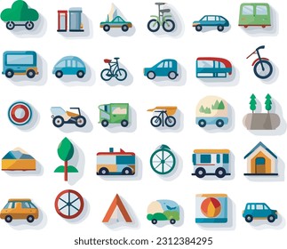 Design an icon set in a flat style transportation symbols such as a car, bicycle, airplane, train, and ship, on a white transparent background. Visually icons of movement, travel, and exploration