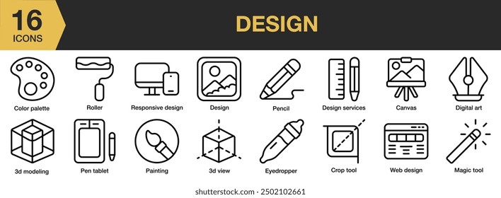 Design icon set. Includes 3d modelling, eyedropper, magic tool, roller, web design, and More. Outline icons vector collection.