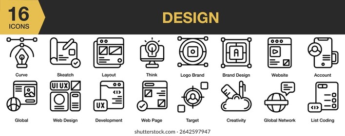 Design icon set. Includes design, graphic, digital, technology, futuristic, and More. Outline icons vector collection.