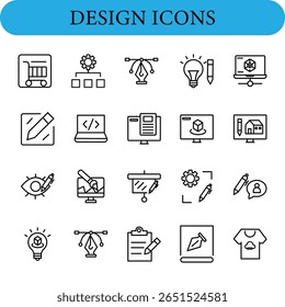 Conjunto de ícones de design.  Os símbolos incluem um carrinho de compras, mecanismo de engrenagens, ferramenta de caneta, lâmpada, monitor e lápis.