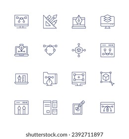 Design icon set. Thin line icon. Editable stroke. Containing graphic tool, pen, vector, 3d, design, design thinking, responsive design, graphic, vector, tools, layers, 3d.