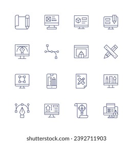 Design icon set. Thin line icon. Editable stroke. Containing layout, vector, design, 3d, graphic design, web, art, vector design, pen tool, pencil, visual.