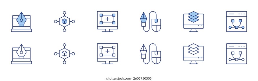 Design icon set in two styles, Duotone and Thin Line style. Editable stroke. pen, 3d design, design thinking, design tool, layers, vector.