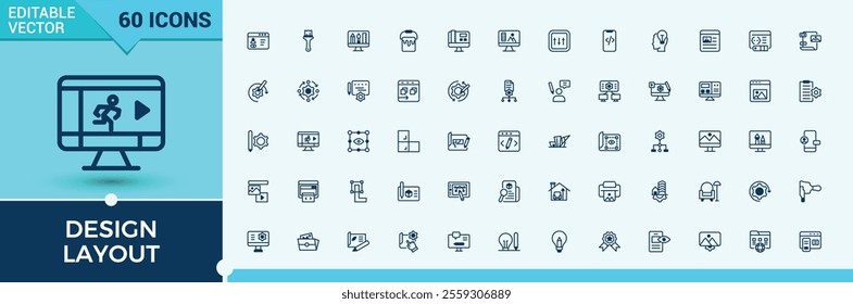 Design icons. Featuring eraser, web, drawing, tablet, computer, studio, brush and more. Set of line pictogram. Solid line editable vector illustration.