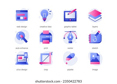 Design icons in a flat cartoon style with blue colors. Cartoon design demonstrates online tools and various stationery used by designers during work. Vector illustration.