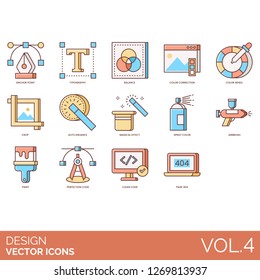 Design icons including anchor point, typography, balance, color correction, wheel, crop, auto enhance, magical effect, spray, airbrush, paint, perfection code, clean, page 404.