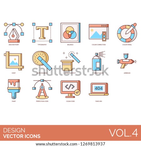 Design icons including anchor point, typography, balance, color correction, wheel, crop, auto enhance, magical effect, spray, airbrush, paint, perfection code, clean, page 404.