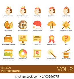 Design icons including artistic thinking, technical, inspiration, brainstorm, mind mapping, art progress, conundrum, brain recharge, cloud, collaborative, professional portfolio, tutorial, certificate