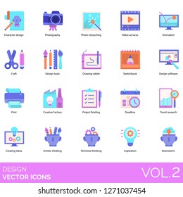 Design icons including character, photography, video service, animation, craft, tools, drawing tablet, sketchbook, software, project briefing, deadline, trend research, creating ideas, brainstorm.