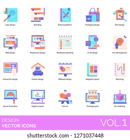 Design icons including logo, branding, packaging, shirt, web, responsive, wireframe, UI UX, development, interaction, interior, billboard, layout, illustration, digital artwork, fine art, grid, 3D.