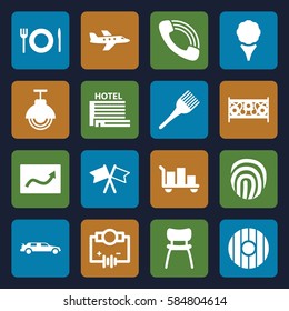 design icons set. Set of 16 design filled icons such as coloring brush, car, fence, call, chair, flag, plate fork and spoon, street lamp, hotel, fingerprint, shield, chart